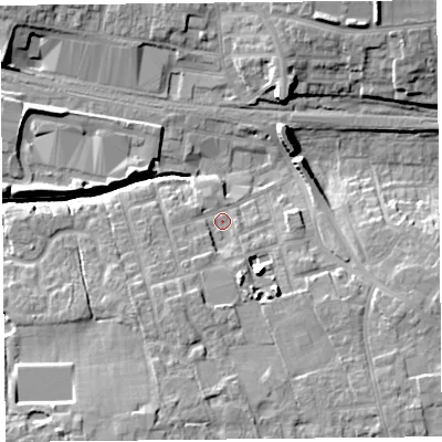 Shaded relief map of the ground around PR42HY, computed from Environment Agency LiDAR. The ground here sits at about 19 m above sea level and falls 16 m across the surrounding 800 m. Surface water reaching this point runs off ground lying to the south-south-west, 4.9 m higher.