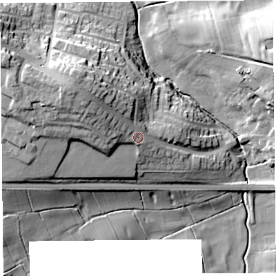 Shaded relief map of the ground around PR42YL, computed from Environment Agency LiDAR. The ground here sits at about 23 m above sea level and falls 27 m across the surrounding 800 m. Surface water reaching this point runs off ground lying to the north-west, 10.7 m higher.