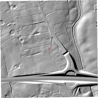 Shaded relief map of the ground around PR43HE, computed from Environment Agency LiDAR. The ground here sits at about 21 m above sea level and falls 14 m across the surrounding 800 m. Surface water reaching this point runs off ground lying to the south-east, 7.1 m higher.