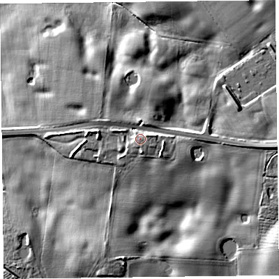 Shaded relief map of the ground around PR43PH, computed from Environment Agency LiDAR. The ground here sits at about 16 m above sea level and falls 13 m across the surrounding 800 m. Surface water reaching this point runs off ground lying to the east-north-east, 2.4 m higher.