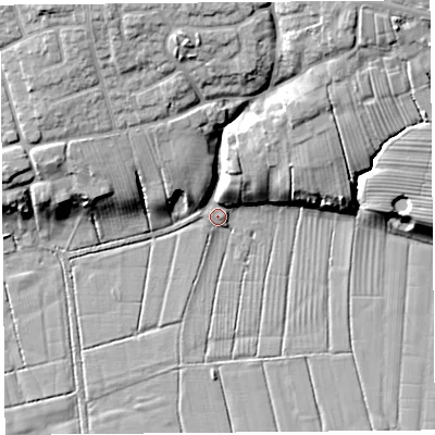 Shaded relief map of the ground around PR43RH, computed from Environment Agency LiDAR. The ground here sits at about 7 m above sea level and falls 16 m across the surrounding 800 m. Surface water reaching this point runs off ground lying to the north, 13.5 m higher.