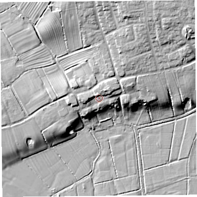 Shaded relief map of the ground around PR43RS, computed from Environment Agency LiDAR. The ground here sits at about 13 m above sea level and falls 17 m across the surrounding 800 m. Surface water reaching this point runs off ground lying to the north-east, 4.6 m higher.