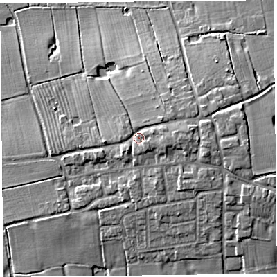 Shaded relief map of the ground around PR43YB, computed from Environment Agency LiDAR. The ground here sits at about 18 m above sea level and falls 10 m across the surrounding 800 m. Surface water reaching this point runs off ground lying to the east, 2.9 m higher.