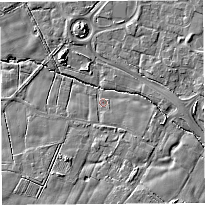 Shaded relief map of the ground around PR44AJ, computed from Environment Agency LiDAR. The ground here sits at about 25 m above sea level and falls 8 m across the surrounding 800 m. Surface water reaching this point runs off ground lying to the south-east, 2.6 m higher.