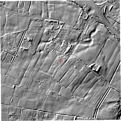 Shaded relief map of the ground around PR44BA, computed from Environment Agency LiDAR. The ground here sits at about 28 m above sea level and falls 9 m across the surrounding 800 m. Surface water reaching this point runs off ground lying to the east-south-east, 0.8 m higher.
