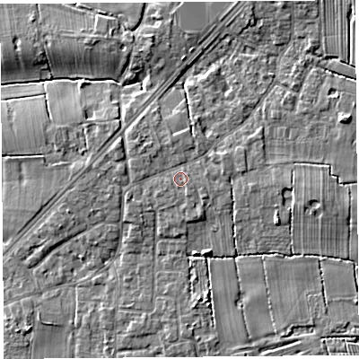 Shaded relief map of the ground around PR44GA, computed from Environment Agency LiDAR. The ground here sits at about 13 m above sea level and falls 6 m across the surrounding 800 m. Surface water reaching this point runs off ground lying to the south-east, 0.7 m higher.