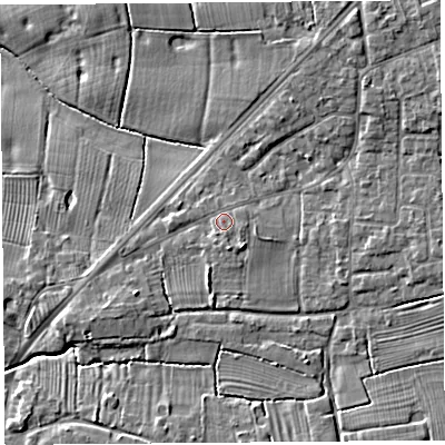 Shaded relief map of the ground around PR44GB, computed from Environment Agency LiDAR. The ground here sits at about 12 m above sea level and falls 7 m across the surrounding 800 m. Surface water reaching this point runs off ground lying to the east-south-east, 1.1 m higher.