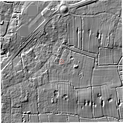 Shaded relief map of the ground around PR44GD, computed from Environment Agency LiDAR. The ground here sits at about 14 m above sea level and falls 6 m across the surrounding 800 m. Surface water reaching this point runs off ground lying to the west-north-west, 0.8 m higher.