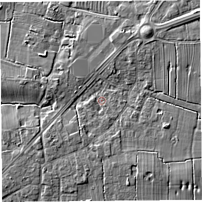Shaded relief map of the ground around PR44HB, computed from Environment Agency LiDAR. The ground here sits at about 13 m above sea level and falls 7 m across the surrounding 800 m. Surface water reaching this point runs off ground lying to the east, 1.4 m higher.