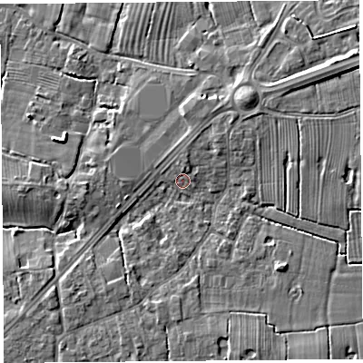 Shaded relief map of the ground around PR44HD, computed from Environment Agency LiDAR. The ground here sits at about 14 m above sea level and falls 7 m across the surrounding 800 m. Surface water reaching this point runs off ground lying to the north, 1.4 m higher.