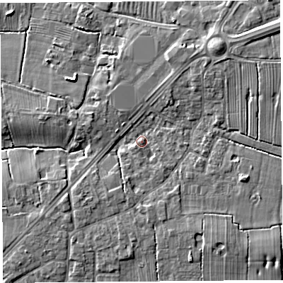 Shaded relief map of the ground around PR44HE, computed from Environment Agency LiDAR. The ground here sits at about 14 m above sea level and falls 7 m across the surrounding 800 m. Surface water reaching this point runs off ground lying to the north-east, 3.6 m higher.