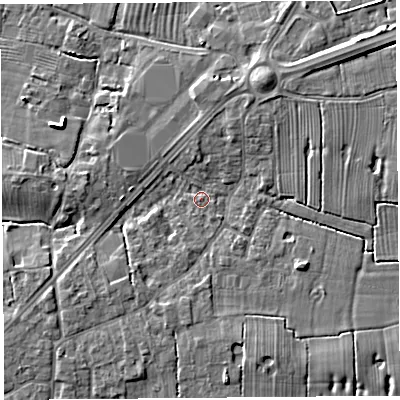 Shaded relief map of the ground around PR44HQ, computed from Environment Agency LiDAR. The ground here sits at about 14 m above sea level and falls 7 m across the surrounding 800 m. Surface water reaching this point runs off ground lying to the north-east, 3.3 m higher.