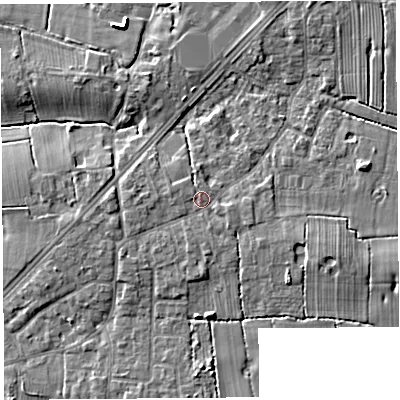 Shaded relief map of the ground around PR44QA, computed from Environment Agency LiDAR. The ground here sits at about 14 m above sea level and falls 6 m across the surrounding 800 m. Surface water reaching this point runs off ground lying to the south-east, 0.9 m higher.