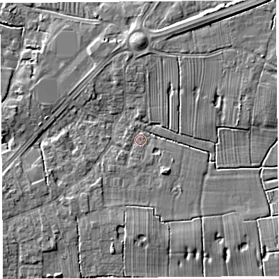 Shaded relief map of the ground around PR44QD, computed from Environment Agency LiDAR. The ground here sits at about 14 m above sea level and falls 6 m across the surrounding 800 m. Surface water reaching this point runs off ground lying to the north-east, 4.2 m higher.