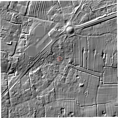 Shaded relief map of the ground around PR44RB, computed from Environment Agency LiDAR. The ground here sits at about 14 m above sea level and falls 7 m across the surrounding 800 m. Surface water reaching this point runs off ground lying to the east, 3.8 m higher.