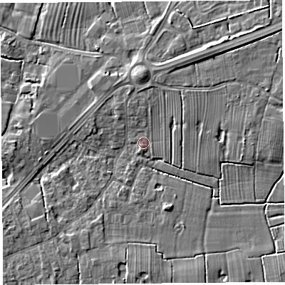 Shaded relief map of the ground around PR44RG, computed from Environment Agency LiDAR. The ground here sits at about 14 m above sea level and falls 6 m across the surrounding 800 m. Surface water reaching this point runs off ground lying to the north, 1.3 m higher.
