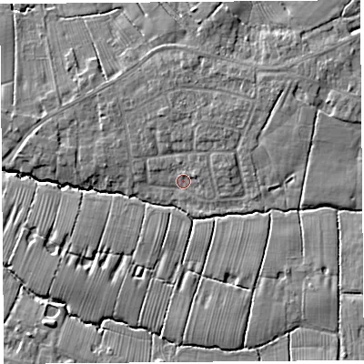 Shaded relief map of the ground around PR45EH, computed from Environment Agency LiDAR. The ground here sits at about 17 m above sea level and falls 7 m across the surrounding 800 m. Surface water reaching this point runs off ground lying to the north-east, 2.0 m higher.