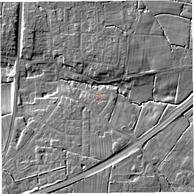 Shaded relief map of the ground around PR45GL, computed from Environment Agency LiDAR. The ground here sits at about 13 m above sea level and falls 11 m across the surrounding 800 m. Surface water reaching this point runs off ground lying to the south, 1.3 m higher.
