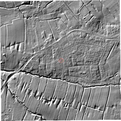 Shaded relief map of the ground around PR45HD, computed from Environment Agency LiDAR. The ground here sits at about 18 m above sea level and falls 8 m across the surrounding 800 m. Surface water reaching this point runs off ground lying to the east-north-east, 1.0 m higher.