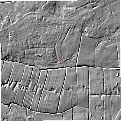Shaded relief map of the ground around PR45HH, computed from Environment Agency LiDAR. The ground here sits at about 18 m above sea level and falls 8 m across the surrounding 800 m. Surface water reaching this point runs off ground lying to the north-north-east, 2.2 m higher.