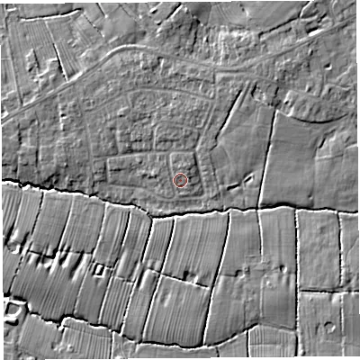 Shaded relief map of the ground around PR45HL, computed from Environment Agency LiDAR. The ground here sits at about 18 m above sea level and falls 7 m across the surrounding 800 m. Surface water reaching this point runs off ground lying to the north, 1.1 m higher.