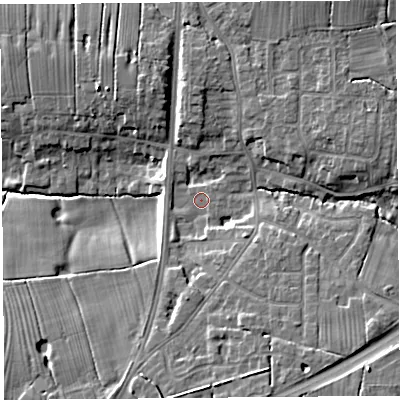 Shaded relief map of the ground around PR45HY, computed from Environment Agency LiDAR. The ground here sits at about 10 m above sea level and falls 12 m across the surrounding 800 m. Surface water reaching this point runs off ground lying to the south-south-east, 7.1 m higher.