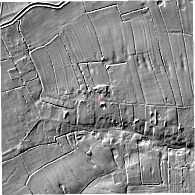 Shaded relief map of the ground around PR45JA, computed from Environment Agency LiDAR. The ground here sits at about 8 m above sea level and falls 8 m across the surrounding 800 m. Surface water reaching this point runs off ground lying to the north-east, 2.1 m higher.