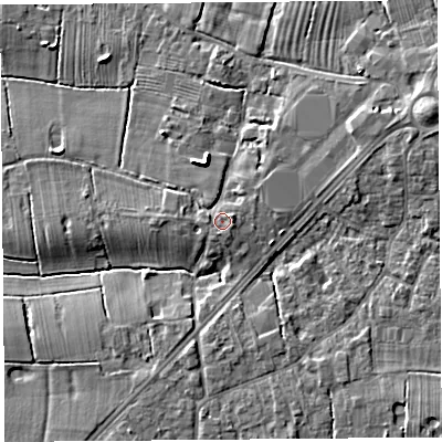 Shaded relief map of the ground around PR45JB, computed from Environment Agency LiDAR. The ground here sits at about 14 m above sea level and falls 8 m across the surrounding 800 m. Surface water reaching this point runs off ground lying to the south, 1.2 m higher.