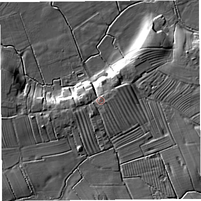 Shaded relief map of the ground around PR45JE, computed from Environment Agency LiDAR. The ground here sits at about 13 m above sea level and falls 11 m across the surrounding 800 m. Surface water reaching this point runs off ground lying to the west, 2.8 m higher.