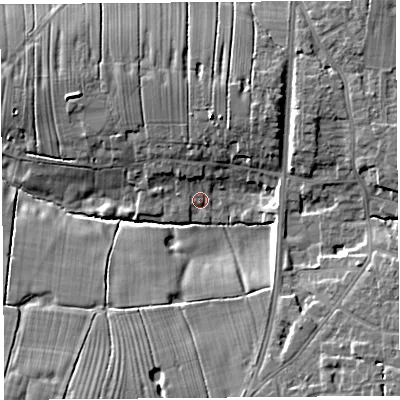 Shaded relief map of the ground around PR45JG, computed from Environment Agency LiDAR. The ground here sits at about 8 m above sea level and falls 11 m across the surrounding 800 m. Surface water reaching this point runs off ground lying to the north, 7.0 m higher.