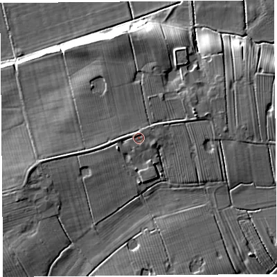 Shaded relief map of the ground around PR45JH, computed from Environment Agency LiDAR. The ground here sits at about 11 m above sea level and falls 10 m across the surrounding 800 m. Surface water reaching this point runs off ground lying to the north-north-east, 0.7 m higher.