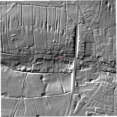 Shaded relief map of the ground around PR45JJ, computed from Environment Agency LiDAR. The ground here sits at about 9 m above sea level and falls 12 m across the surrounding 800 m. Surface water reaching this point runs off ground lying to the north-north-east, 6.3 m higher.