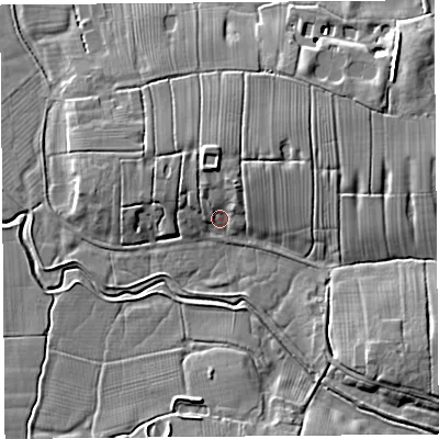 Shaded relief map of the ground around PR45JN, computed from Environment Agency LiDAR. The ground here sits at about 7 m above sea level and falls 7 m across the surrounding 800 m. Surface water reaching this point runs off ground lying to the north, 5.0 m higher.