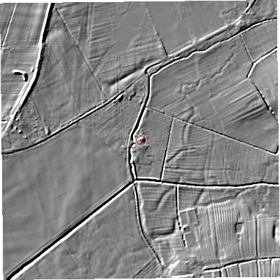 Shaded relief map of the ground around PR45JP, computed from Environment Agency LiDAR. The ground here sits at about 5 m above sea level and falls 6 m across the surrounding 800 m. Surface water reaching this point runs off ground lying to the south-south-west, 2.4 m higher.