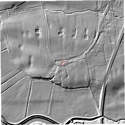 Shaded relief map of the ground around PR45JR, computed from Environment Agency LiDAR. The ground here sits at about 8 m above sea level and falls 7 m across the surrounding 800 m. Surface water reaching this point runs off ground lying to the east-north-east, 1.7 m higher.