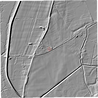 Shaded relief map of the ground around PR45JY, computed from Environment Agency LiDAR. The ground here sits at about 5 m above sea level and falls 5 m across the surrounding 800 m. Surface water reaching this point runs off ground lying to the west, 1.3 m higher.