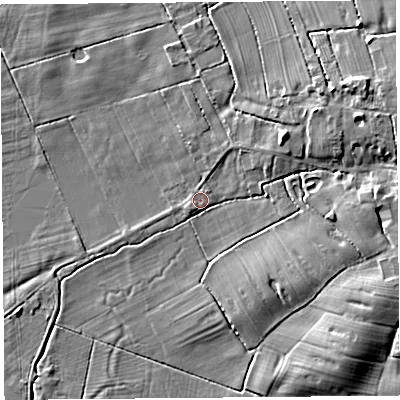 Shaded relief map of the ground around PR45LA, computed from Environment Agency LiDAR. The ground here sits at about 5 m above sea level and falls 6 m across the surrounding 800 m. Surface water reaching this point runs off ground lying to the north-north-east, 1.1 m higher.