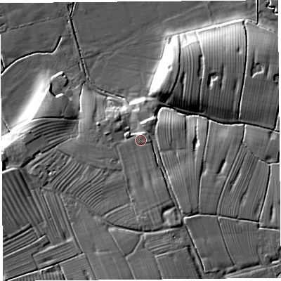 Shaded relief map of the ground around PR45LD, computed from Environment Agency LiDAR. The ground here sits at about 13 m above sea level and falls 12 m across the surrounding 800 m. Surface water reaching this point runs off ground lying to the south-south-east, 2.7 m higher.