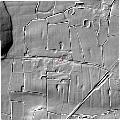 Shaded relief map of the ground around PR45LH, computed from Environment Agency LiDAR. The ground here sits at about 7 m above sea level and falls 11 m across the surrounding 800 m. Surface water reaching this point runs off ground lying to the south-east, 4.8 m higher.