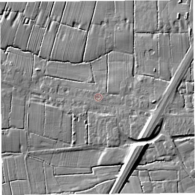 Shaded relief map of the ground around PR45NA, computed from Environment Agency LiDAR. The ground here sits at about 19 m above sea level and falls 11 m across the surrounding 800 m. Surface water reaching this point runs off ground lying to the east, 0.7 m higher.