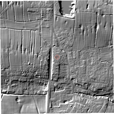 Shaded relief map of the ground around PR45QD, computed from Environment Agency LiDAR. The ground here sits at about 14 m above sea level and falls 12 m across the surrounding 800 m. The ground contributing surface water to this point lies to the south-south-west.