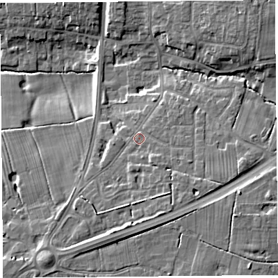 Shaded relief map of the ground around PR45QE, computed from Environment Agency LiDAR. The ground here sits at about 14 m above sea level and falls 12 m across the surrounding 800 m. Surface water reaching this point runs off ground lying to the south-east, 2.8 m higher.