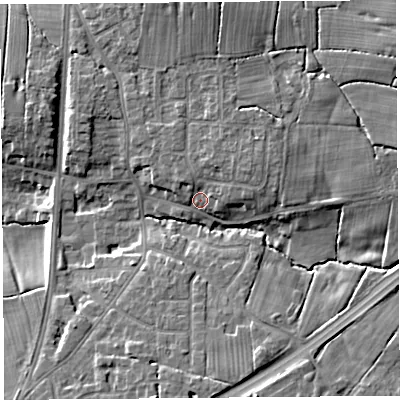 Shaded relief map of the ground around PR45QN, computed from Environment Agency LiDAR. The ground here sits at about 13 m above sea level and falls 11 m across the surrounding 800 m. Surface water reaching this point runs off ground lying to the east-north-east, 3.6 m higher.