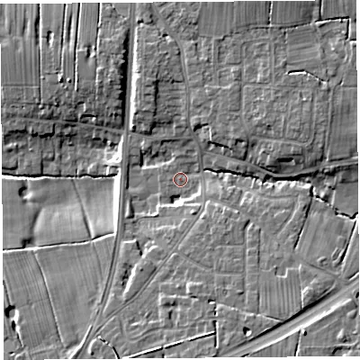 Shaded relief map of the ground around PR45QU, computed from Environment Agency LiDAR. The ground here sits at about 11 m above sea level and falls 12 m across the surrounding 800 m. Surface water reaching this point runs off ground lying to the south-east, 8.4 m higher.