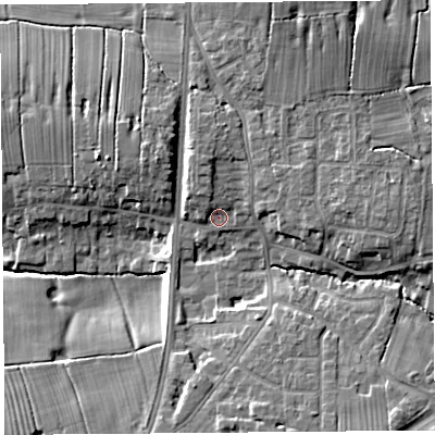 Shaded relief map of the ground around PR45RA, computed from Environment Agency LiDAR. The ground here sits at about 12 m above sea level and falls 11 m across the surrounding 800 m. Surface water reaching this point runs off ground lying to the north-north-west, 3.2 m higher.