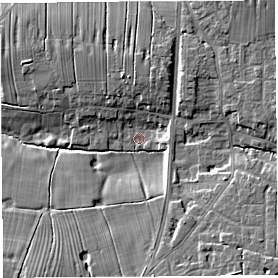 Shaded relief map of the ground around PR45RF, computed from Environment Agency LiDAR. The ground here sits at about 8 m above sea level and falls 11 m across the surrounding 800 m. Surface water reaching this point runs off ground lying to the north-east, 9.4 m higher.