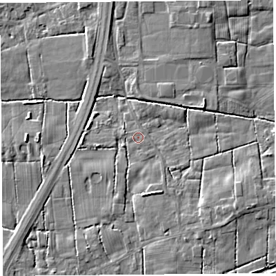 Shaded relief map of the ground around PR45SA, computed from Environment Agency LiDAR. The ground here sits at about 21 m above sea level and falls 8 m across the surrounding 800 m. Surface water reaching this point runs off ground lying to the south-south-east, 1.6 m higher.