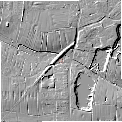Shaded relief map of the ground around PR45XB, computed from Environment Agency LiDAR. The ground here sits at about 11 m above sea level and falls 11 m across the surrounding 800 m. Surface water reaching this point runs off ground lying to the south-east, 8.9 m higher.