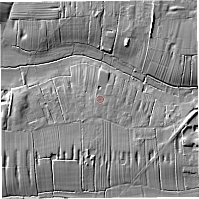 Shaded relief map of the ground around PR45XP, computed from Environment Agency LiDAR. The ground here sits at about 10 m above sea level and falls 10 m across the surrounding 800 m. Surface water reaching this point runs off ground lying to the east, 1.3 m higher.