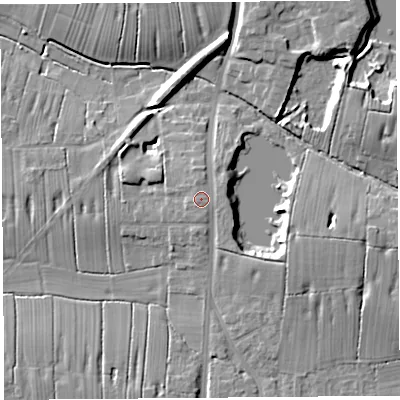 Shaded relief map of the ground around PR45YB, computed from Environment Agency LiDAR. The ground here sits at about 16 m above sea level and falls 11 m across the surrounding 800 m. Surface water reaching this point runs off ground lying to the east-south-east, 0.5 m higher.